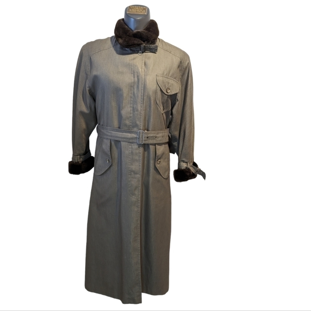 Vintage Bartsons Tan Trench Coat Faux Fur Collar Size 36